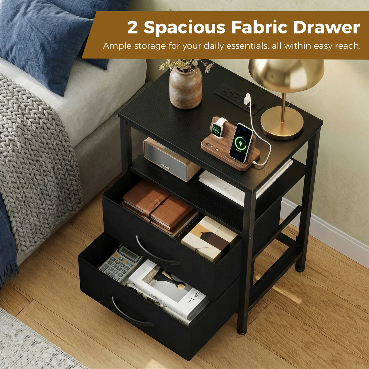 JHK Modern Nightstand With Fabric Drawers USB Charging Port Shelf