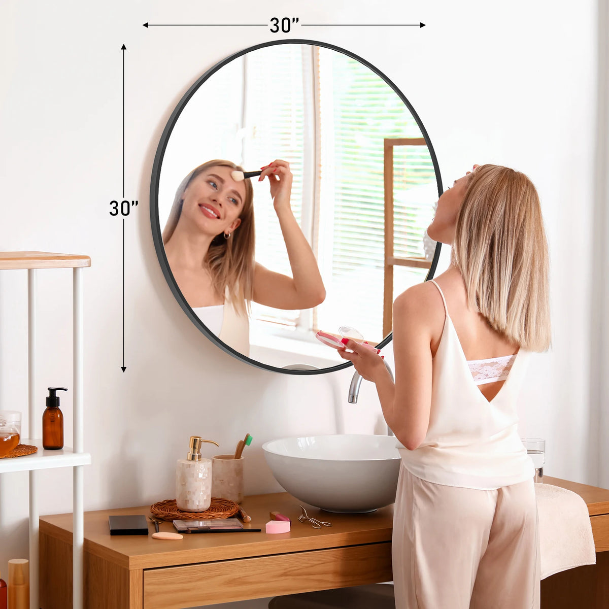 JHK Modern Round Vanity Mirror with Tempered Metal Frame