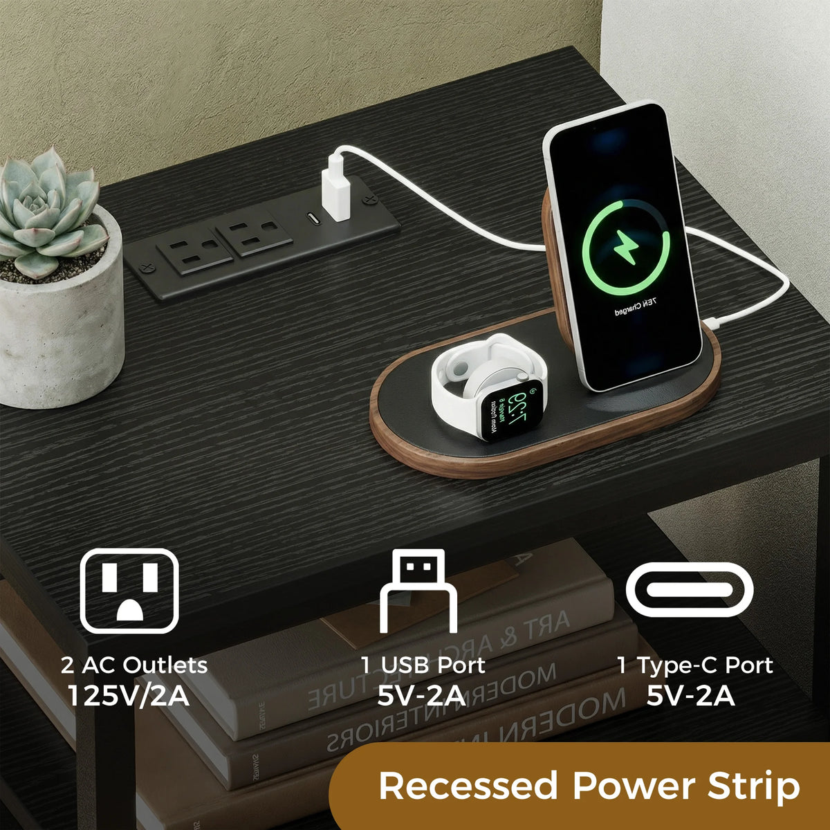 JHK Modern Nightstand With Fabric Drawers USB Charging Port Shelf
