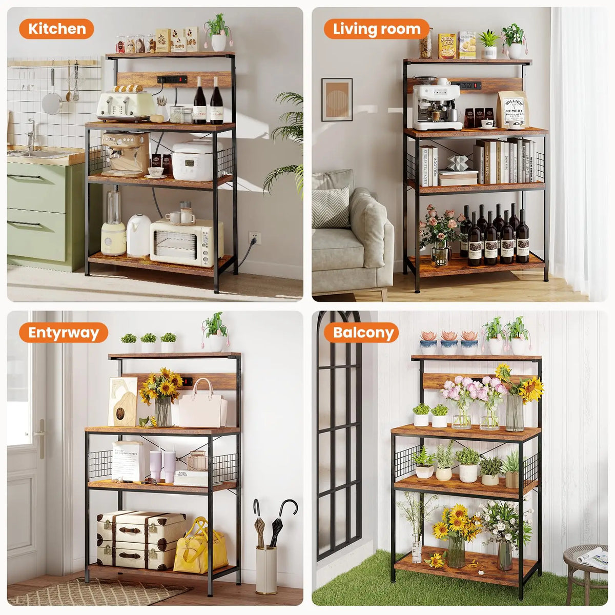 JHK Modern Kitchen Bakers Rack With Power Outlet Shelf