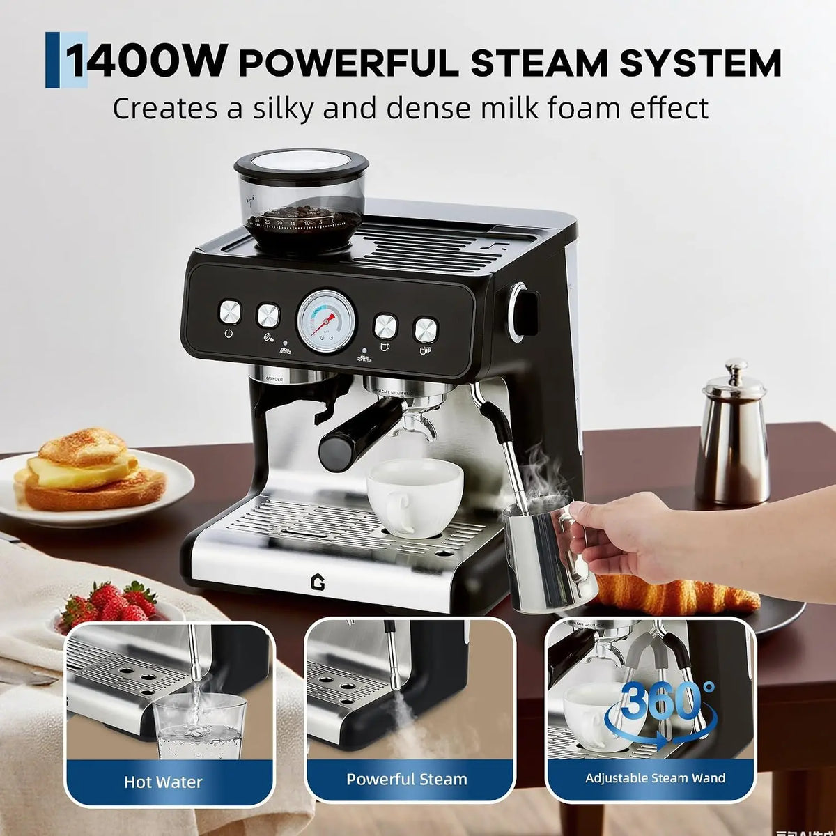 HiMISS Espresso Machine With Integrated Grinder And 20 Bar Pressure