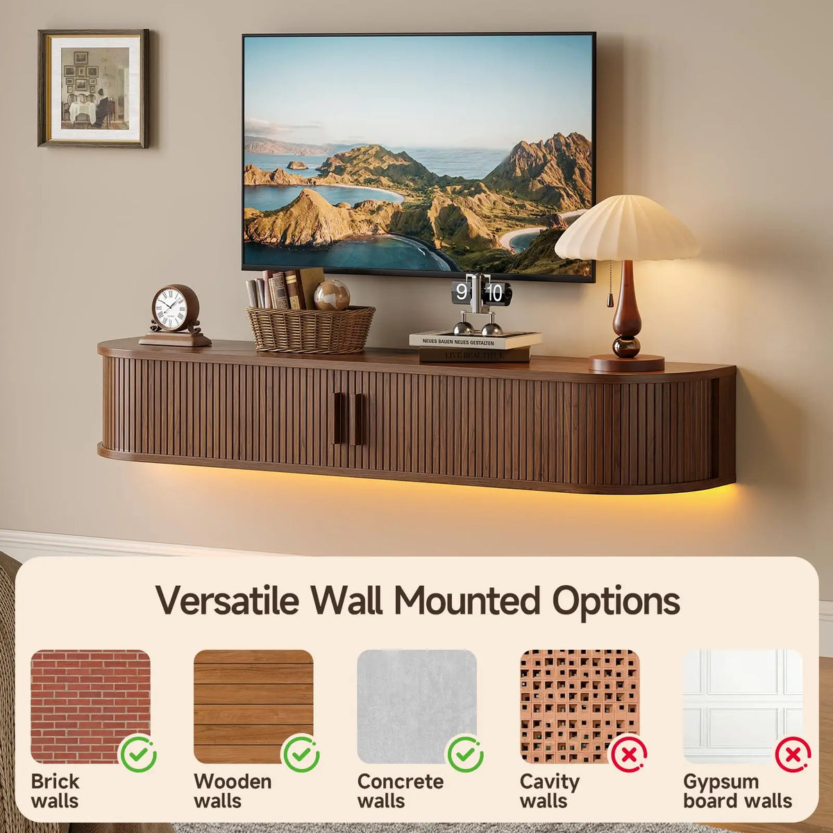 ONBRILL Mid Century Modern Floating TV Console With Power Outlets