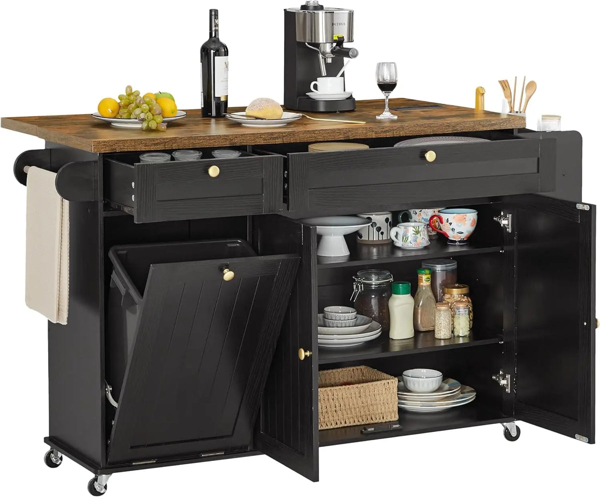 Onbrill Rolling Kitchen Island Cart With Power Outlet Spice Rack
