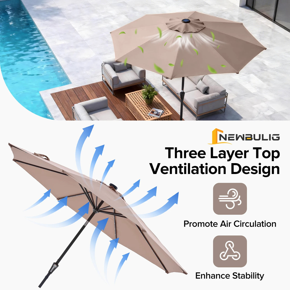 JHK Solar Patio Umbrella With LED Lights And Tilt Crank