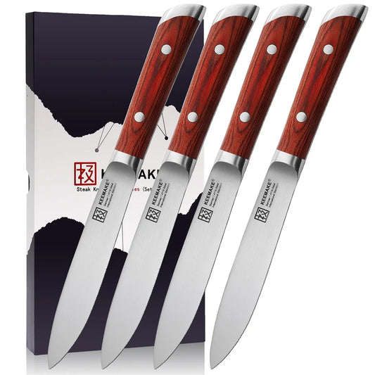 Keemake Four Piece Stainless Steel Steak Knife Set Wood Handle