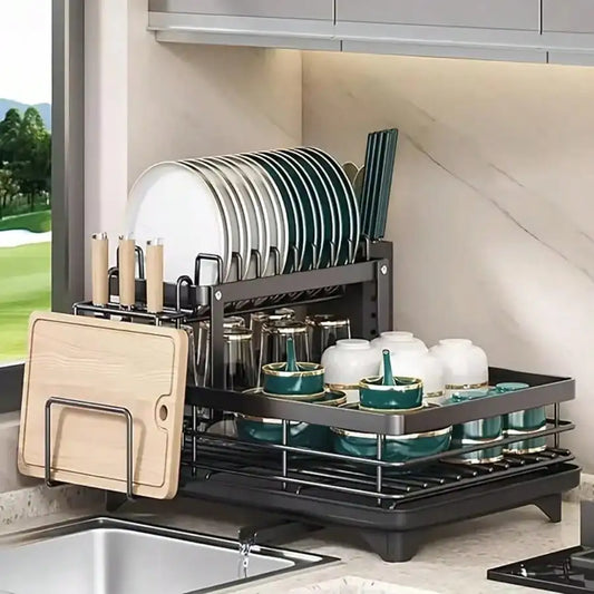 Double Layer Carbon Steel Kitchen Cutlery Rack With Cup Holder