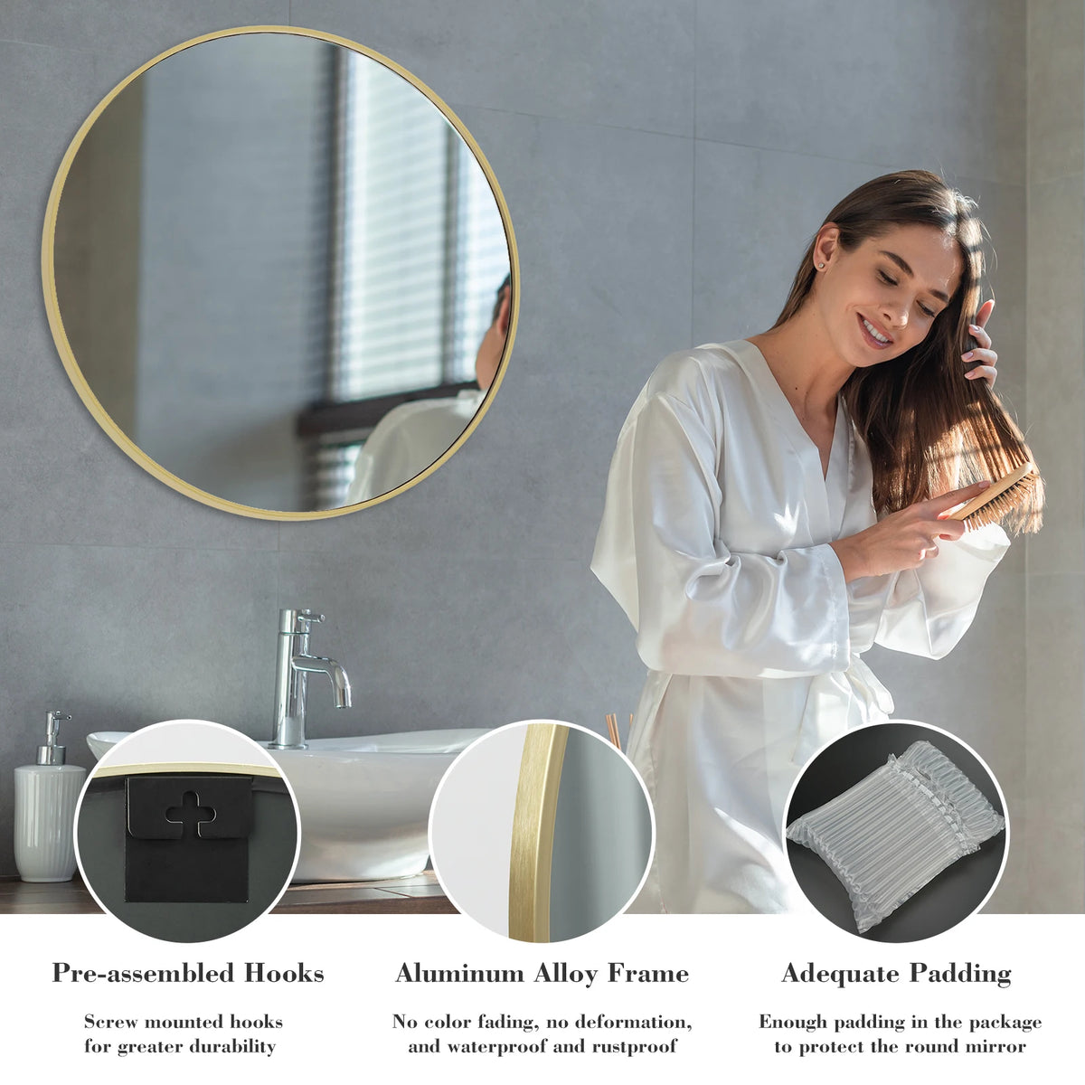 JHK Modern Round Vanity Mirror with Tempered Metal Frame