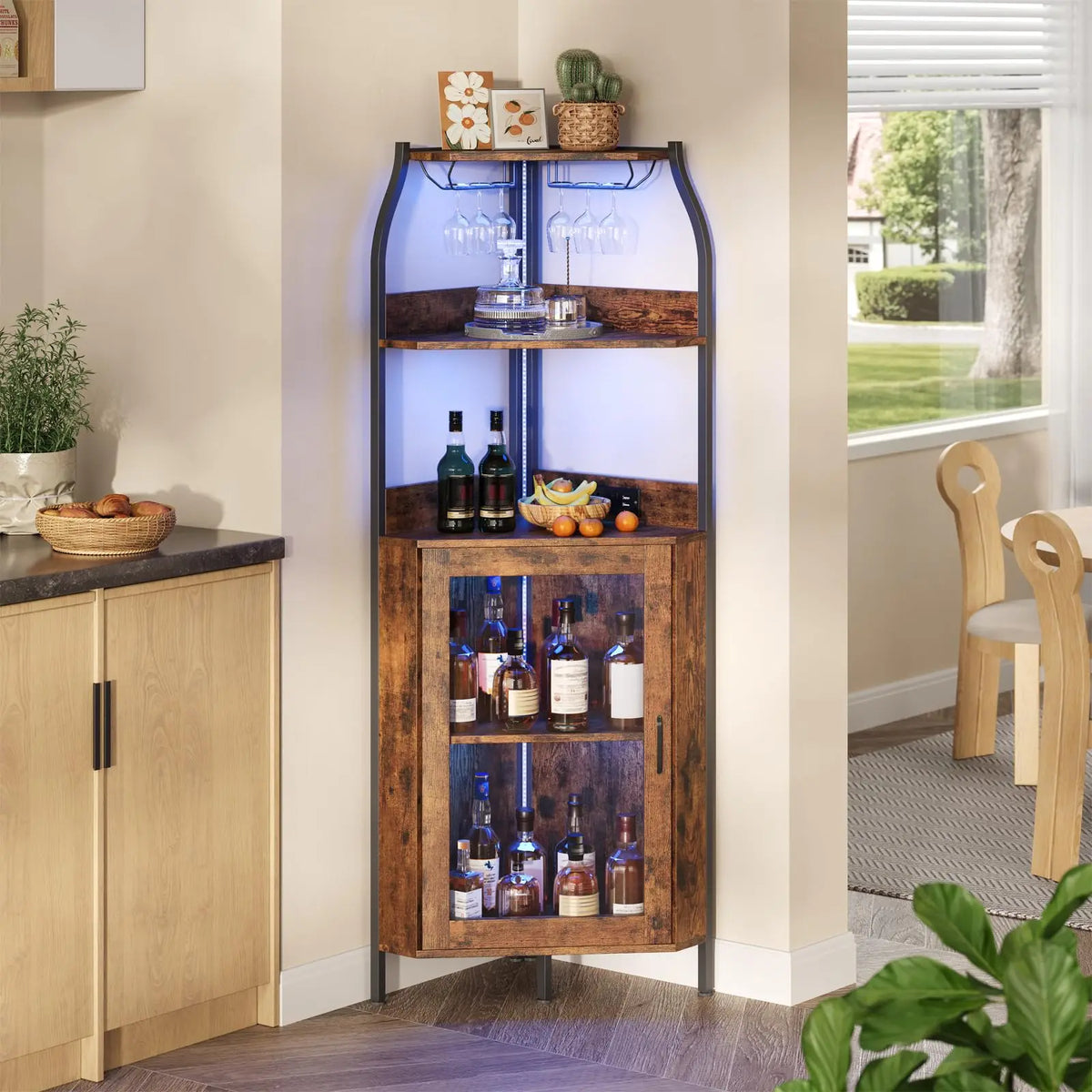 HiMISS Corner Bar Cabinet With LED Lights And Outlet