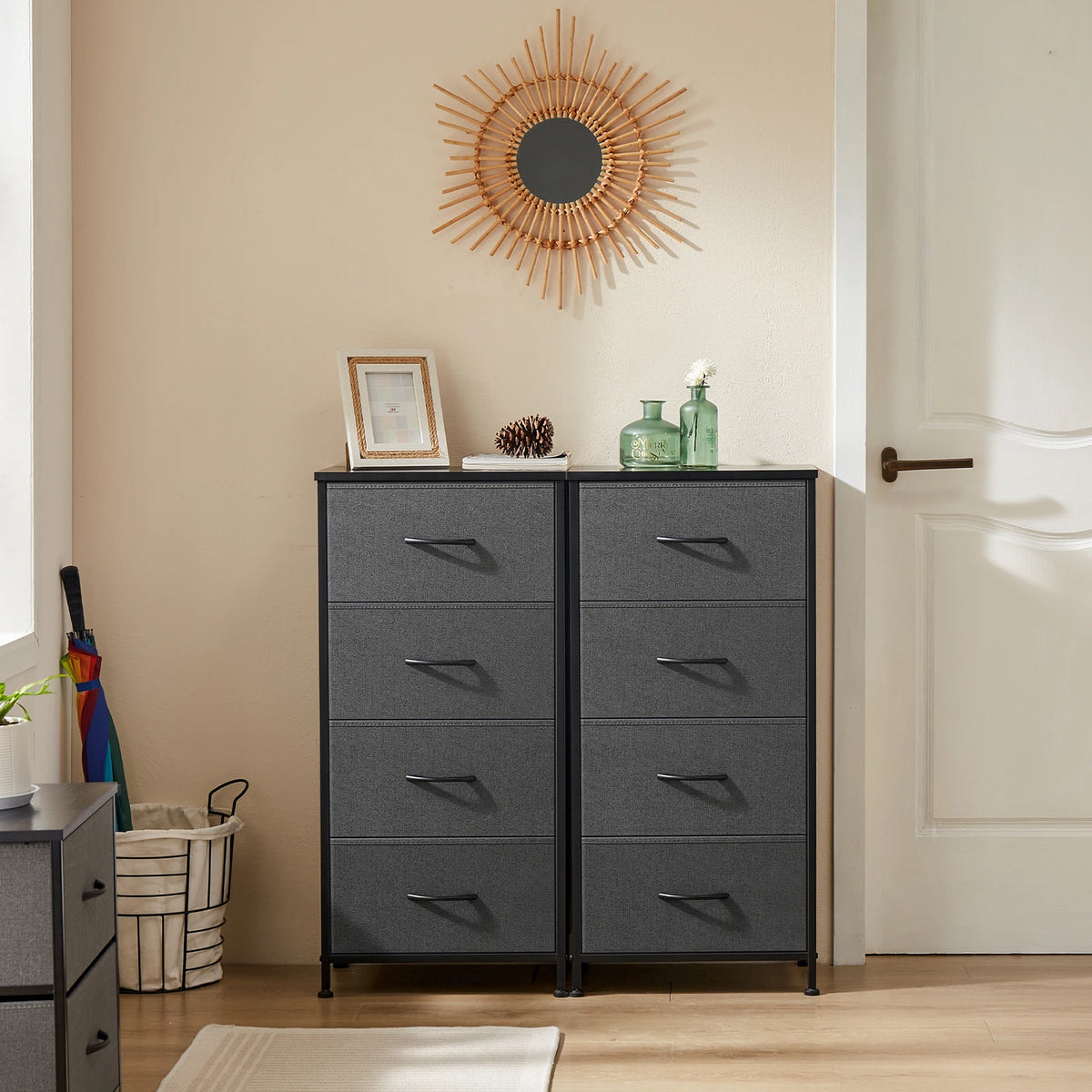 JHK Four Drawer Fabric Dresser Steel Frame Nightstand Storage