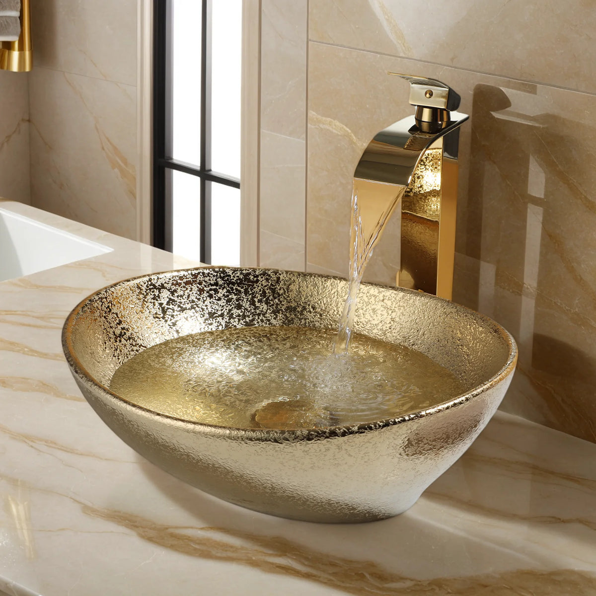 Mekkhalo Oval Vessel Sink With Waterfall Faucet Above Counter Ceramic