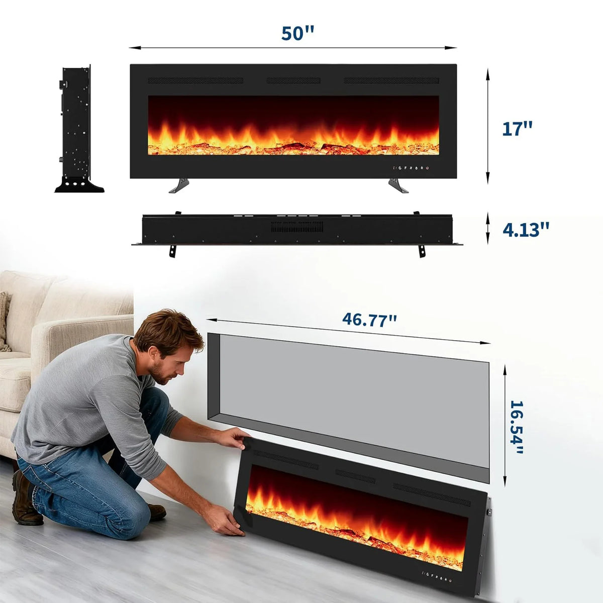 Adoolla Electric Fireplace Wall Mounted And Recessed Remote Control