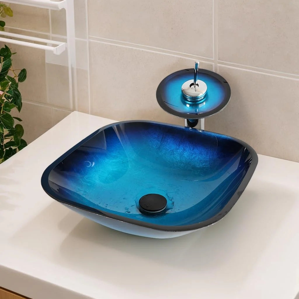 Mekkhalara Tempered Glass Bathroom Vessel Sink With Drain