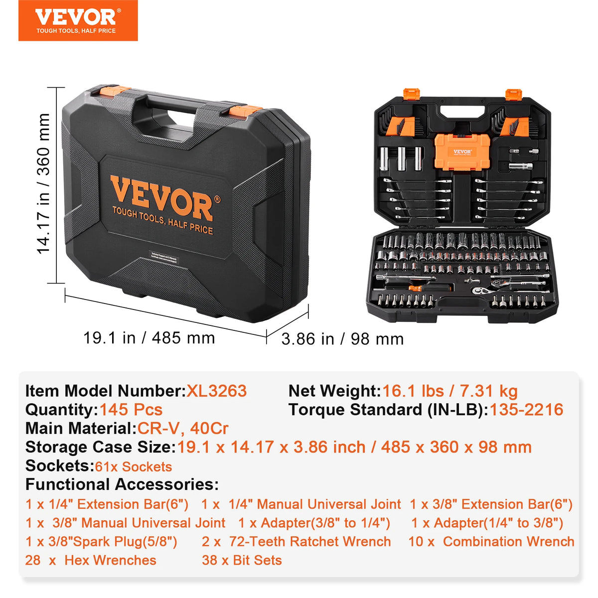 SucceBuy Professional Mechanics Tool Set With Deep And Standard Sockets