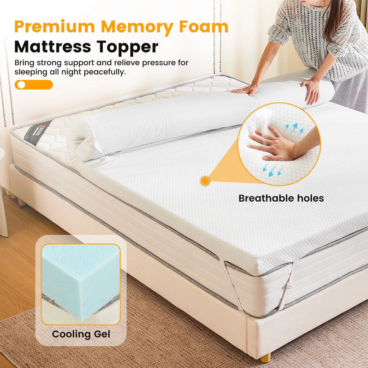 JHK Gel Memory Foam Mattress Topper With Cooling Fabric Cover