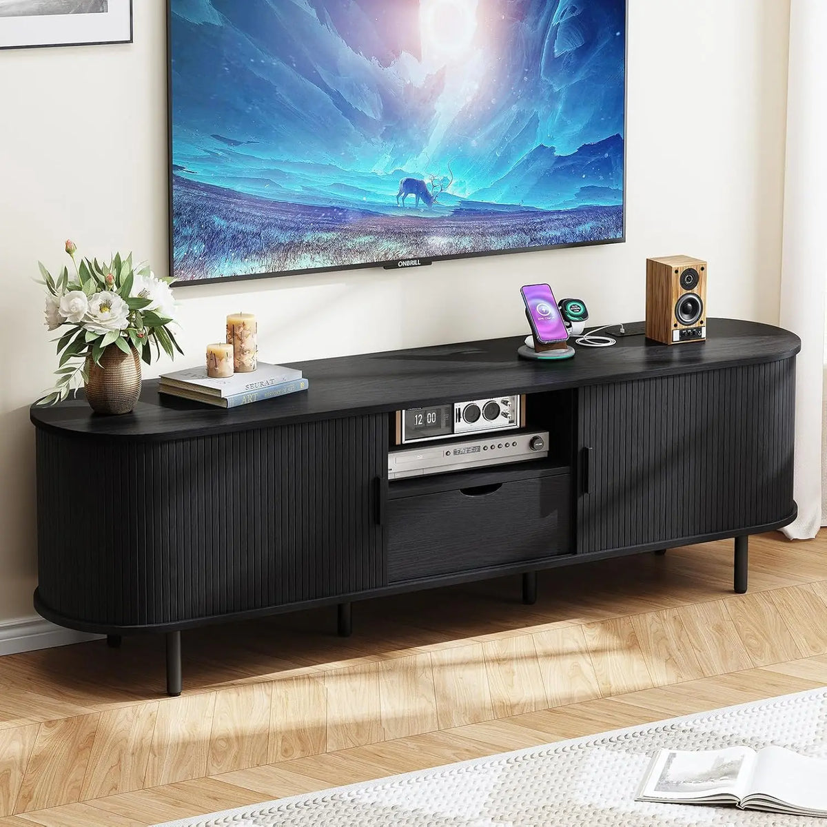 Onbrill TV Stand With Power Outlet And Adjustable Shelf