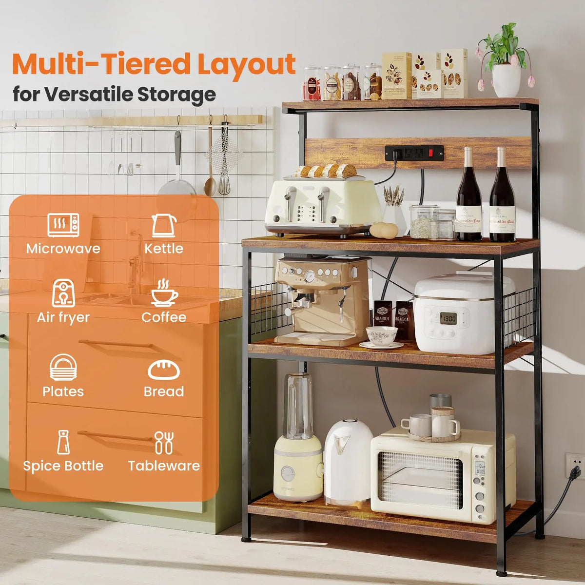JHK Modern Kitchen Bakers Rack With Power Outlet Shelf