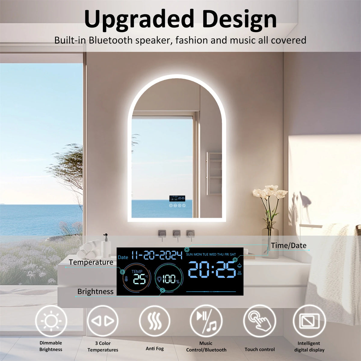 BORWART LED Arch Bathroom Mirror With Bluetooth And Anti Fog Lighting