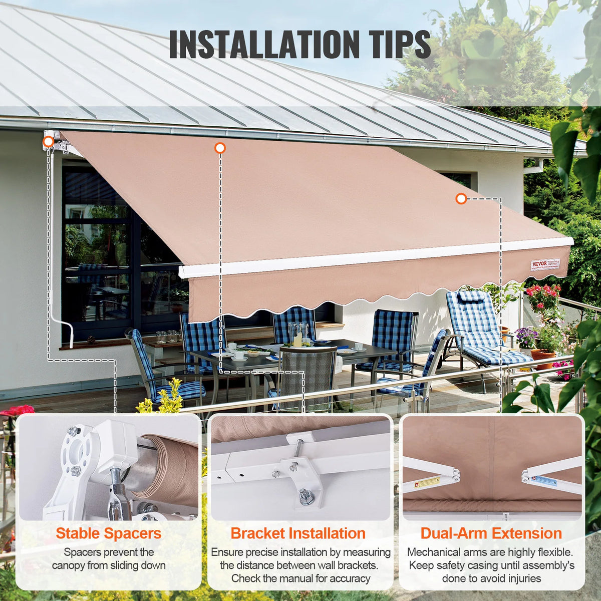 Succebuy Manual Retractable Awning Outdoor Water Resistant Sun Shade