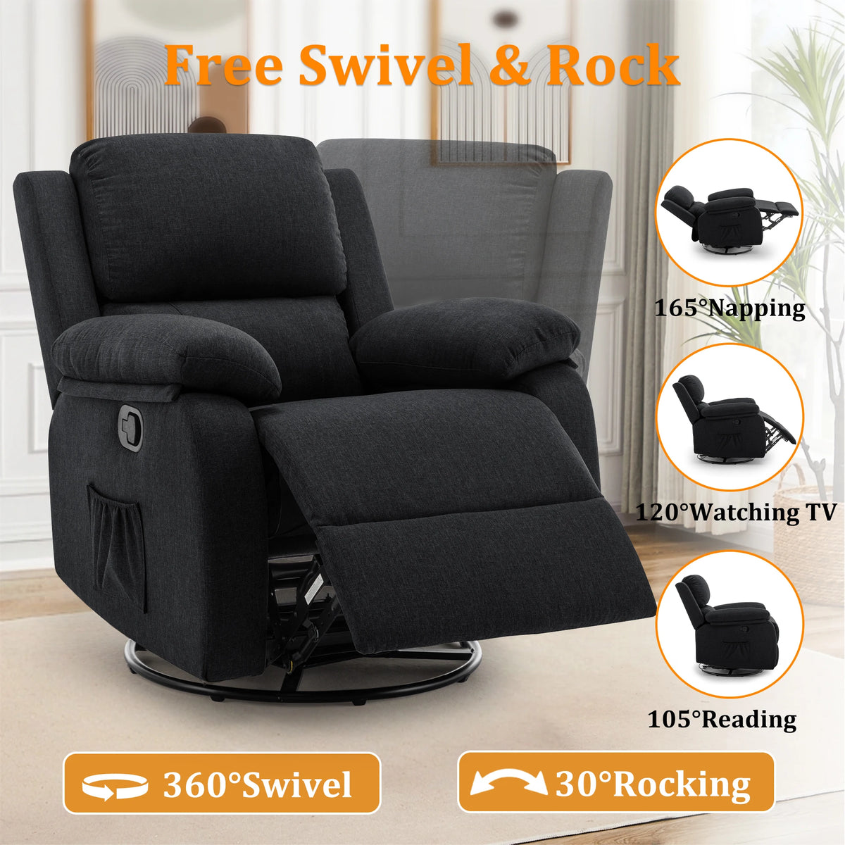 Korser Modern 360 Swivel Rocker Chair Upholstered Fabric Recliner