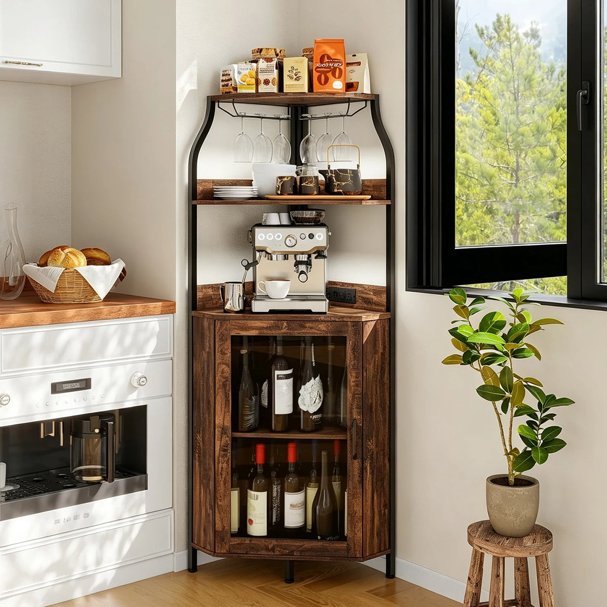 HiMISS Corner Bar Cabinet With LED Lights And Outlet