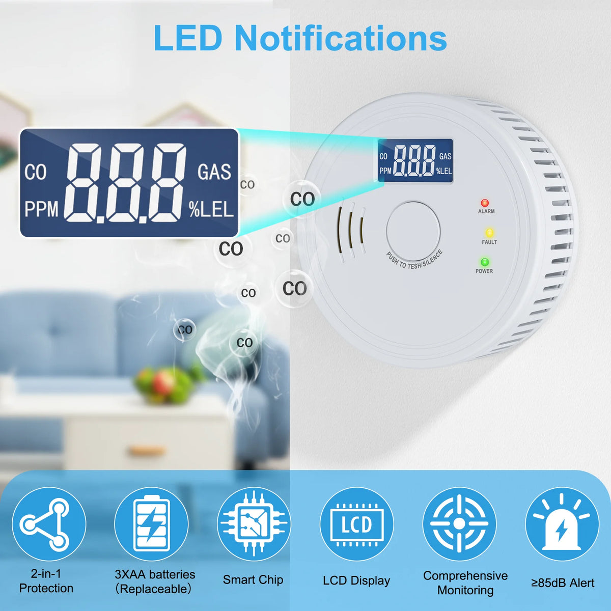 Battery Operated Smoke and Carbon Monoxide Detector Combo LED Indicators