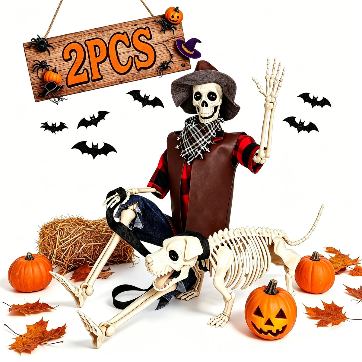 Posable Cowboy Skeleton With Dog Halloween Outdoor Decorations