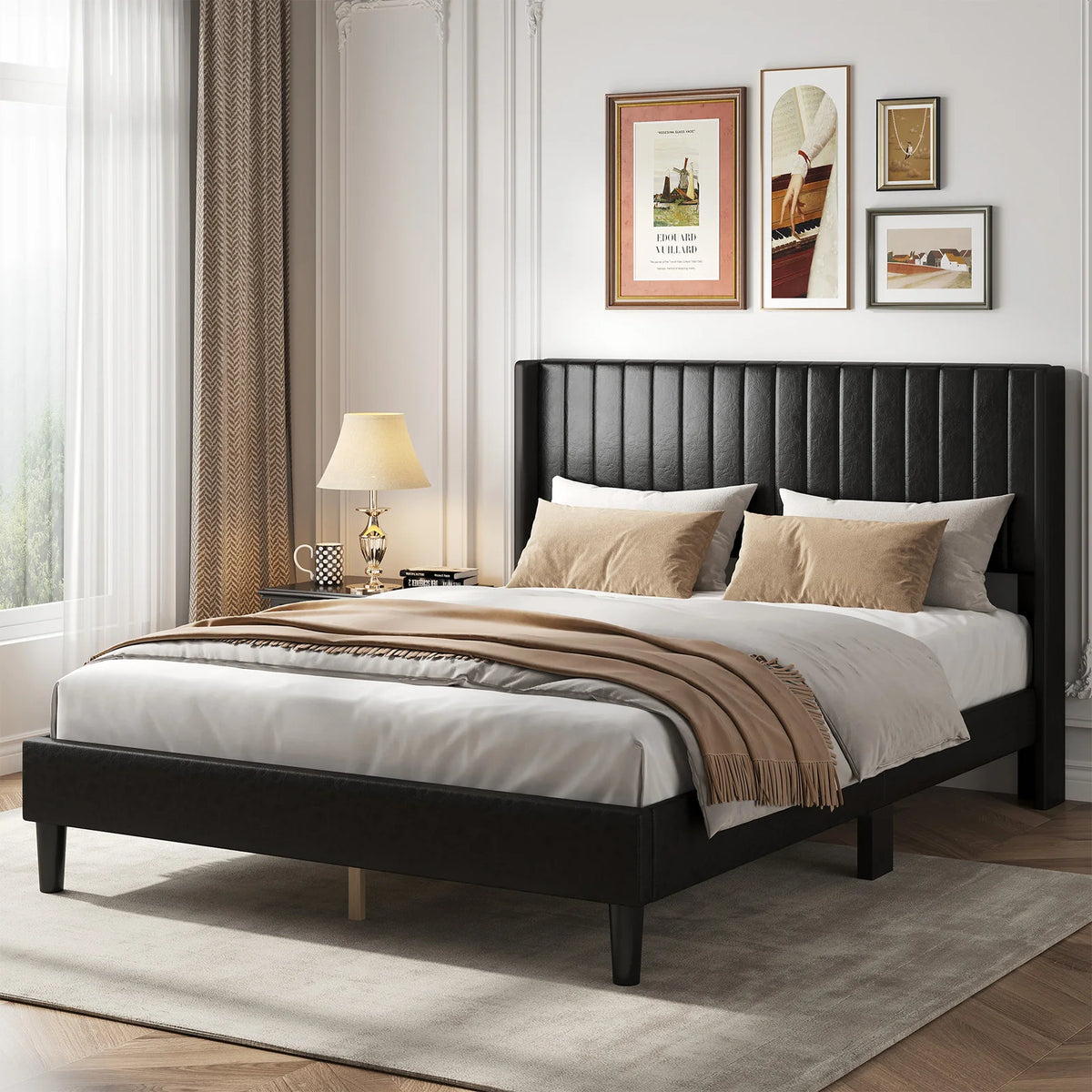 JHK Modern Wingback Platform Bed Frame With Upholstered Headboard Design