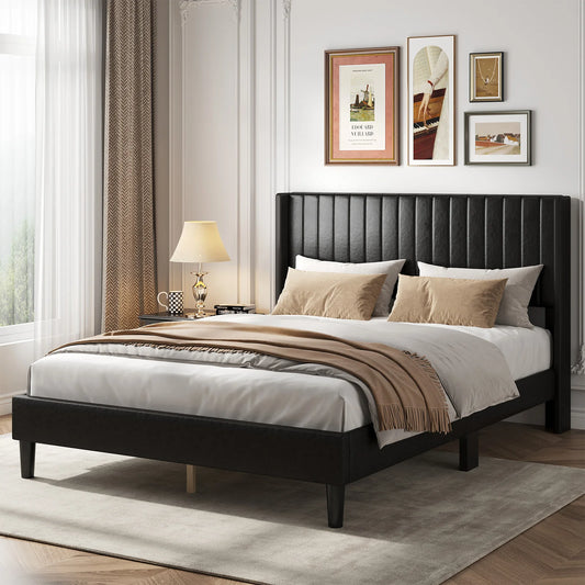 JHK Modern Wingback Platform Bed Frame With Upholstered Headboard Design