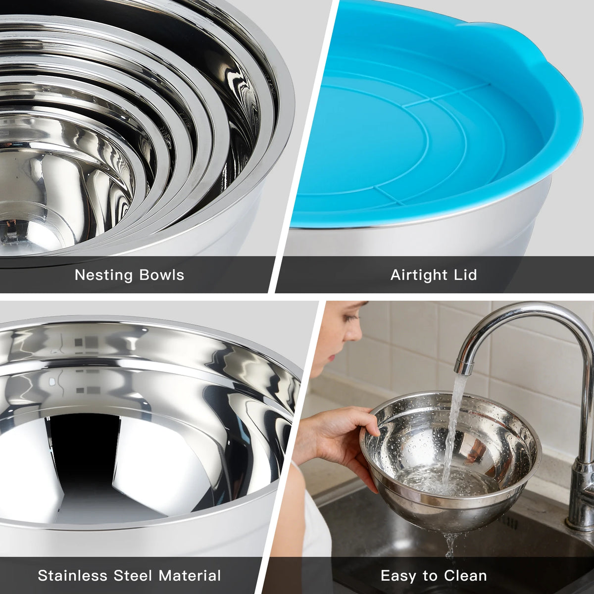 Stainless Steel Mixing Bowls With Airtight Lids For Kitchen Use