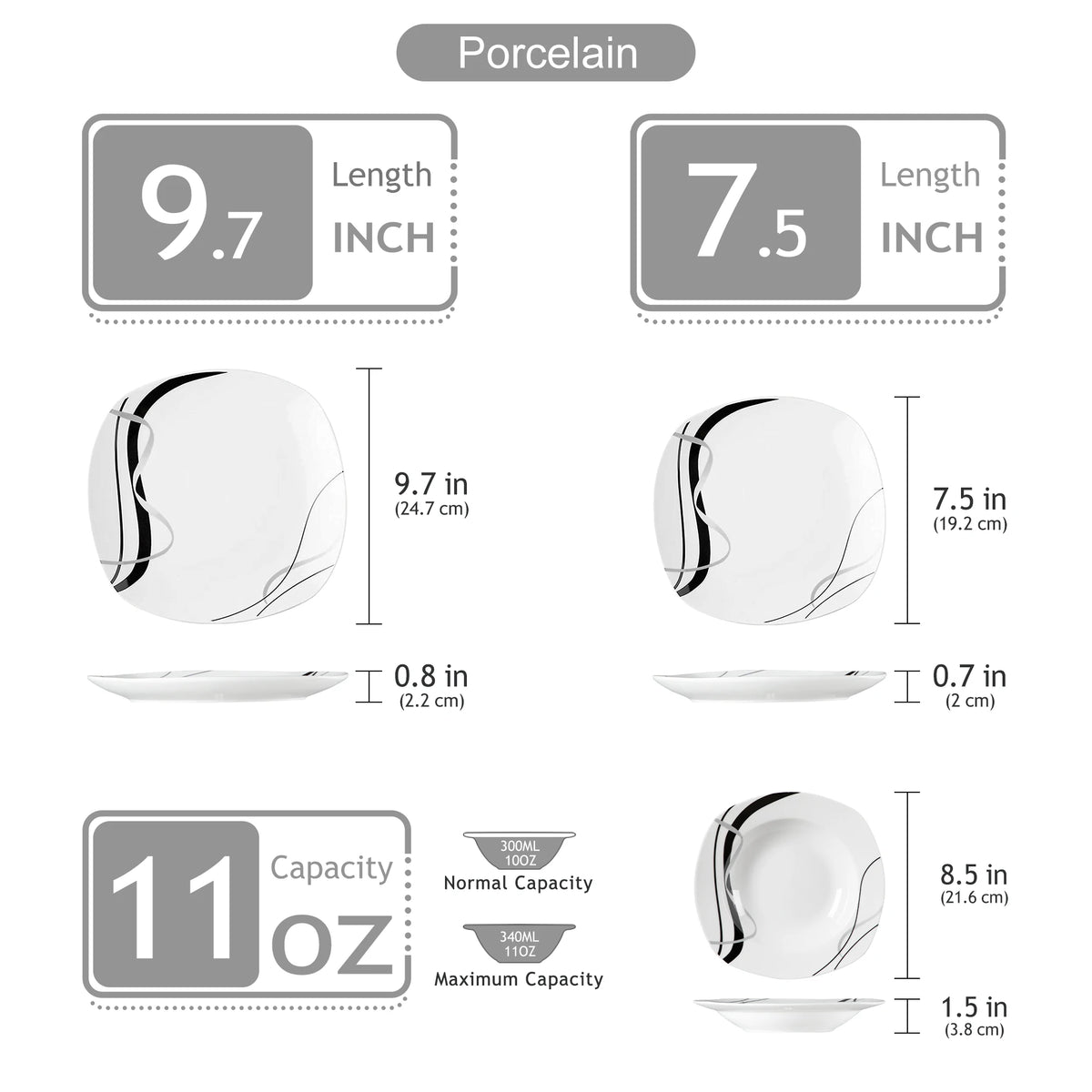 Malacasa Fiona Ceramic Dinnerware Plate Set With Strip Pattern Design