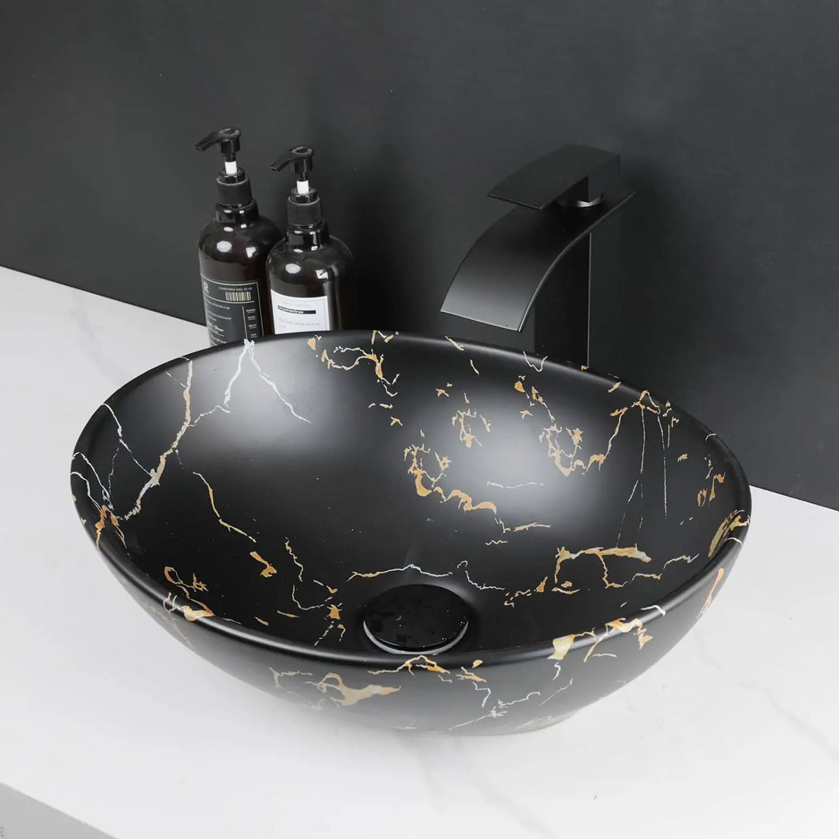 Mekkhalo Oval Vessel Sink With Waterfall Faucet Above Counter Ceramic