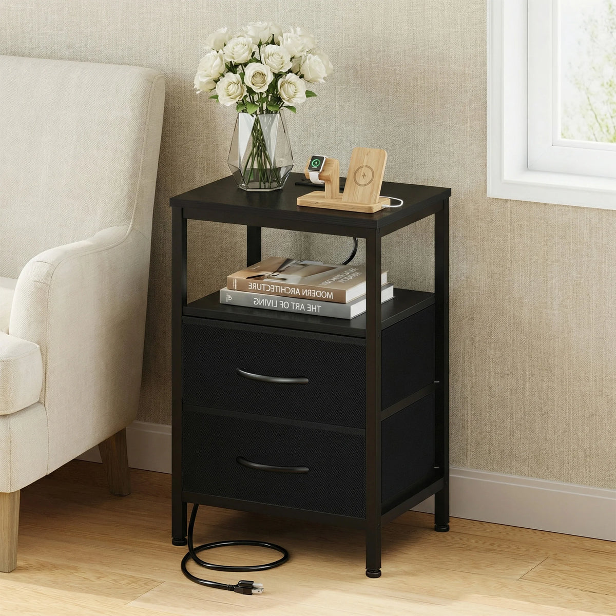 JHK Modern Nightstand With Fabric Drawers USB Charging Port Shelf