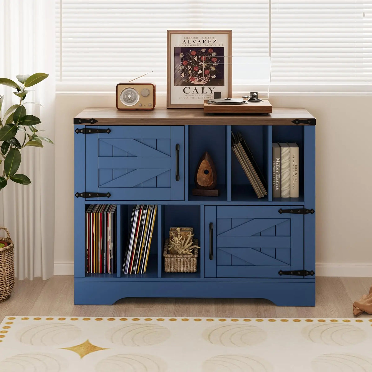 HiMiss Farmhouse Vinyl Record Player Storage Cabinet With Barn Doors