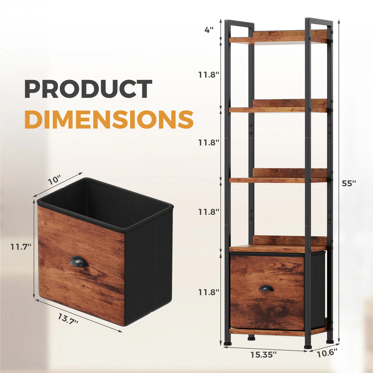 Industrial Metal Bookshelf With Fabric Drawer For Home Storage