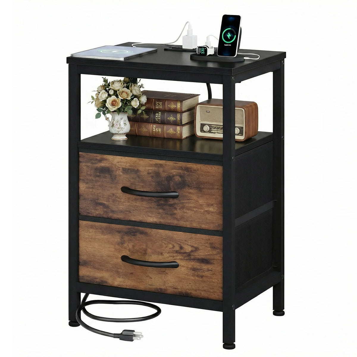JHK Modern Nightstand With Fabric Drawers USB Charging Port Shelf