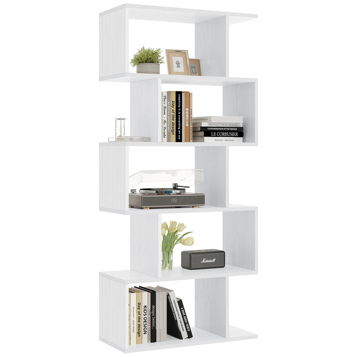 JHK Five Tier Geometric Wooden Bookcase Free Standing Display Shelf