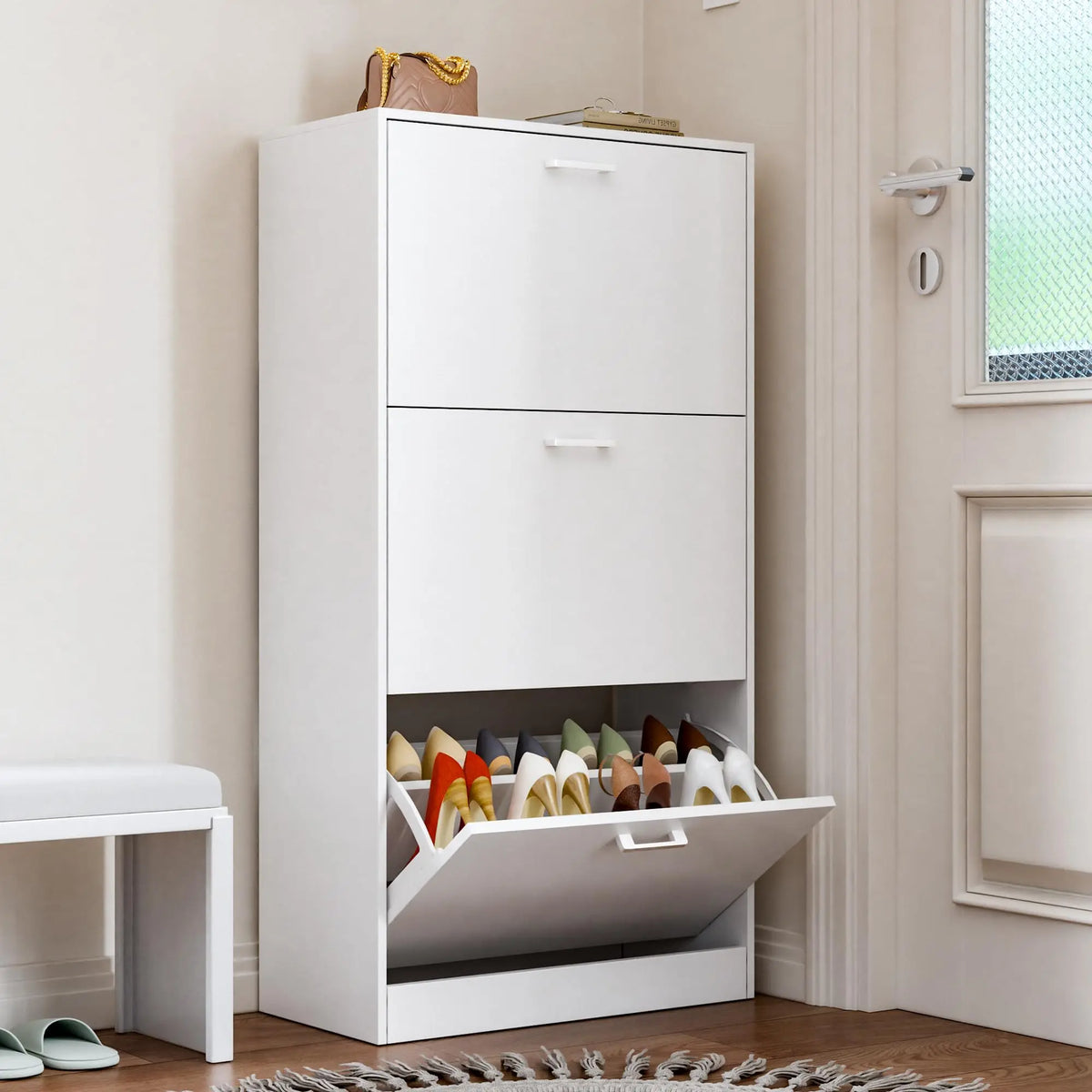 Wooden Freestanding Shoe Cabinet With Flip Drawer Storage