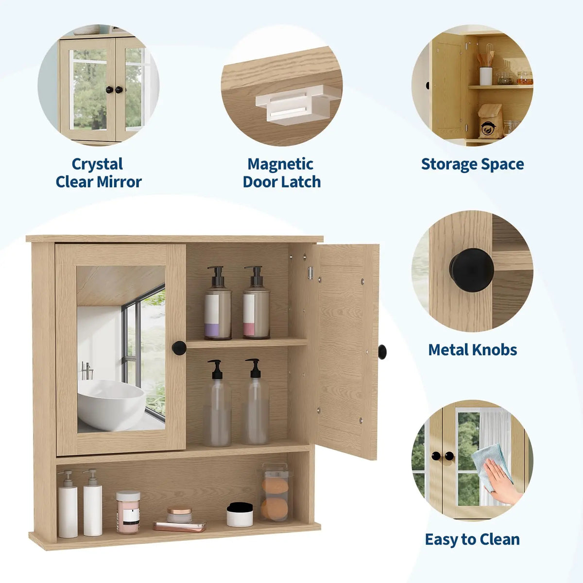 HiMISS Wall Mounted Wooden Bathroom Cabinet With Mirrored Doors