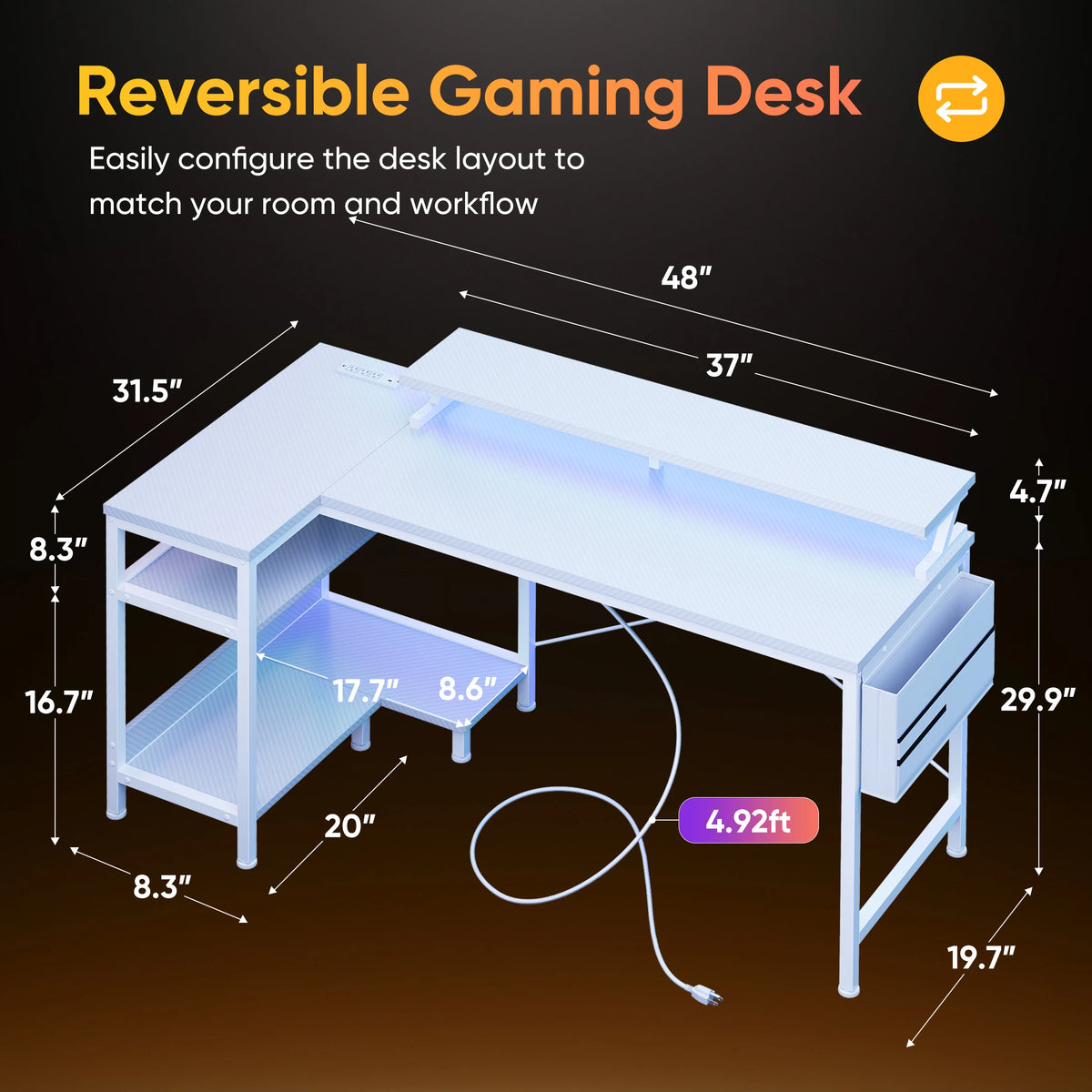 JHK L Shaped Computer Desk With Storage And LED Lights