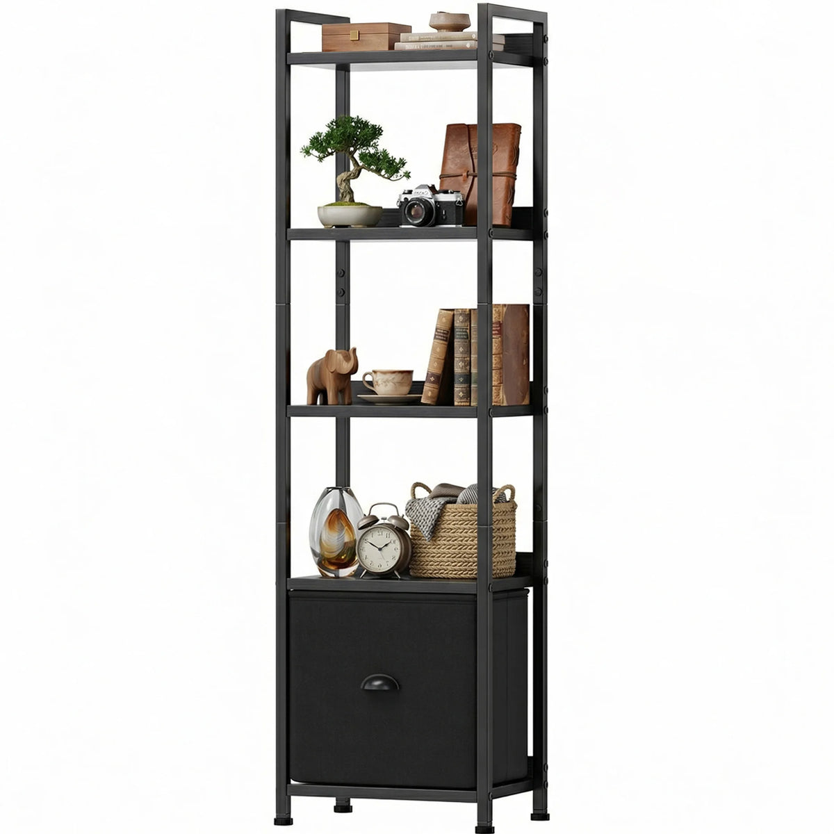Industrial Metal Bookshelf With Fabric Drawer For Home Storage