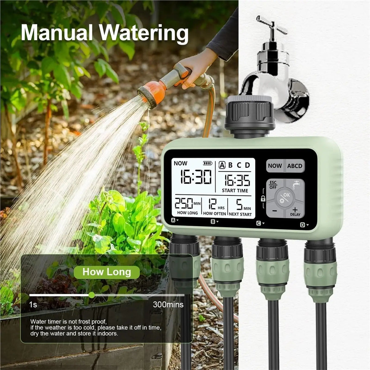 4 Zone Programmable Garden Watering Timer With Rain Delay And Auto Mode