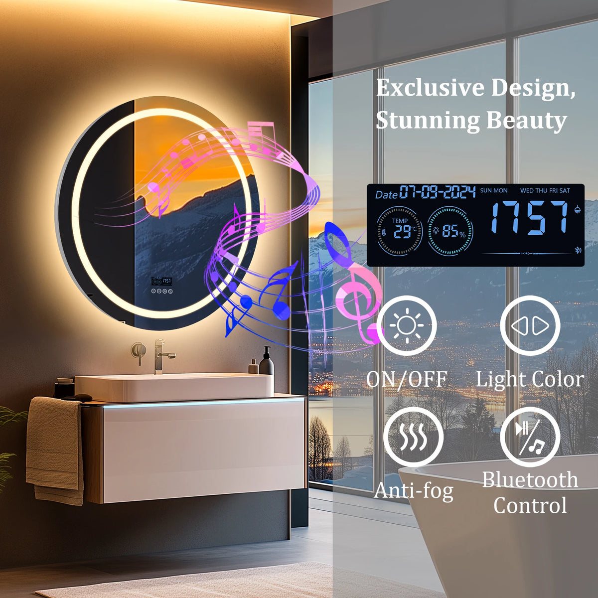 BORWART Round LED Bathroom Mirror With Bluetooth Anti Fog Lighting