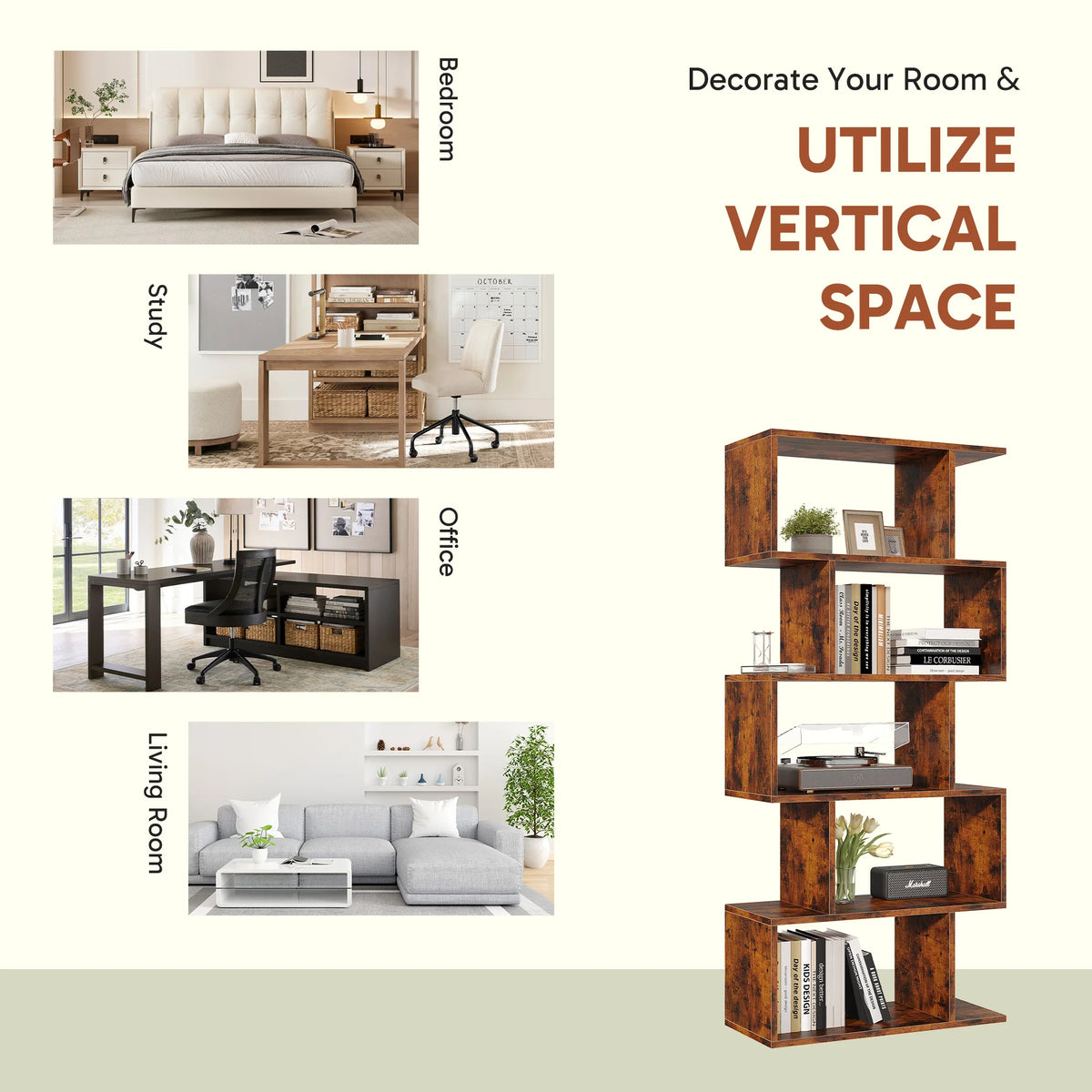 JHK Five Tier Geometric Wooden Bookcase Free Standing Display Shelf