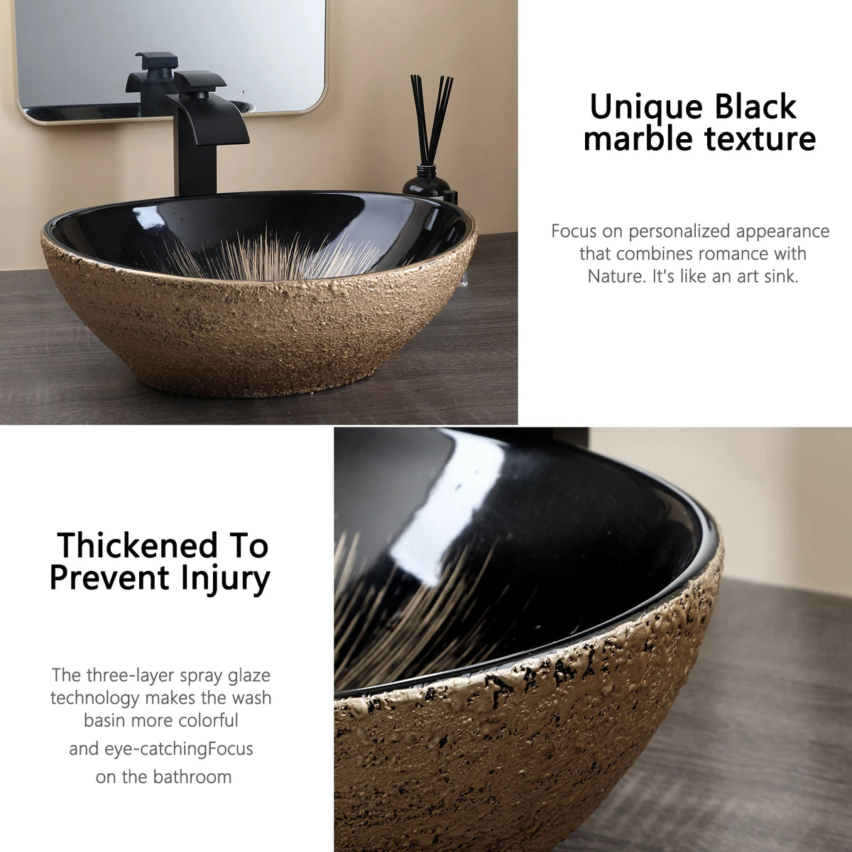 Mekkhalo Oval Vessel Sink With Waterfall Faucet Above Counter Ceramic