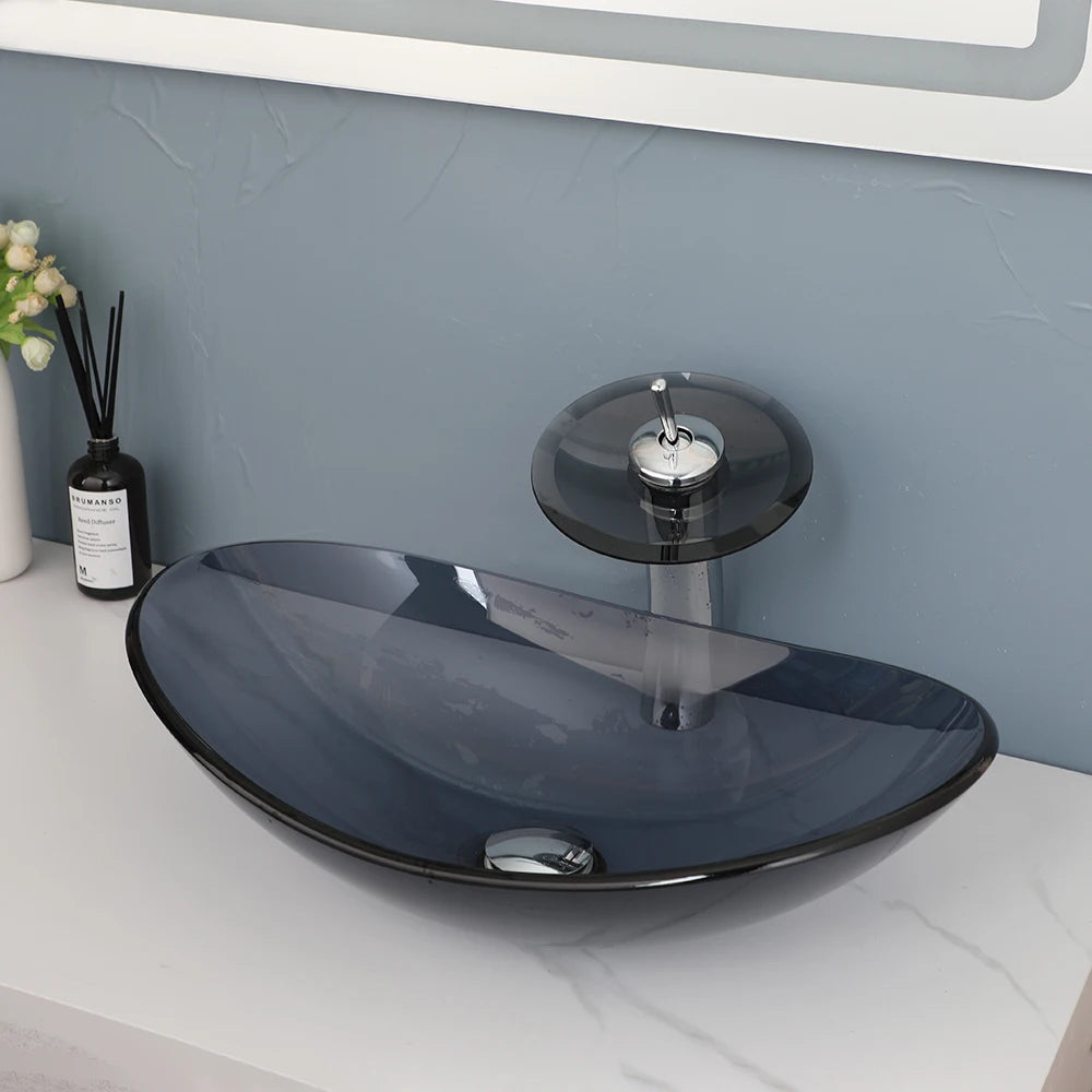 Mekkhala Tempered Glass Oval Vessel Sink For Above Counter