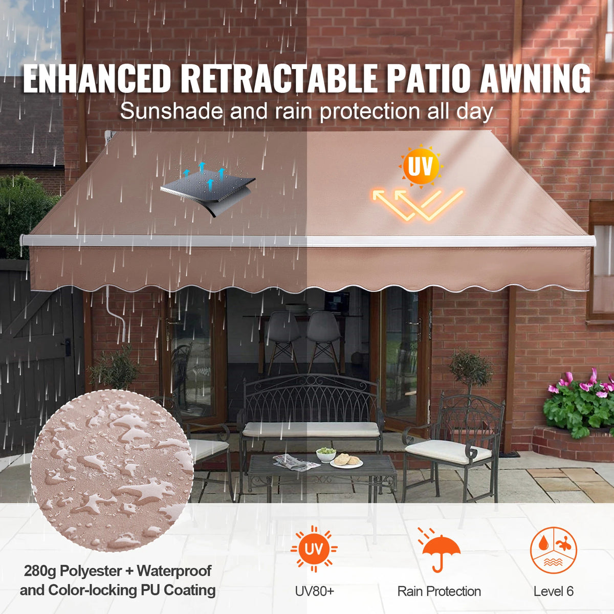 Succebuy Manual Retractable Awning Outdoor Water Resistant Sun Shade