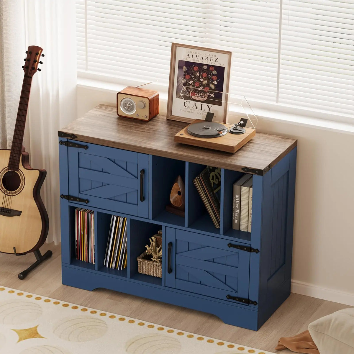 HiMiss Farmhouse Vinyl Record Player Storage Cabinet With Barn Doors