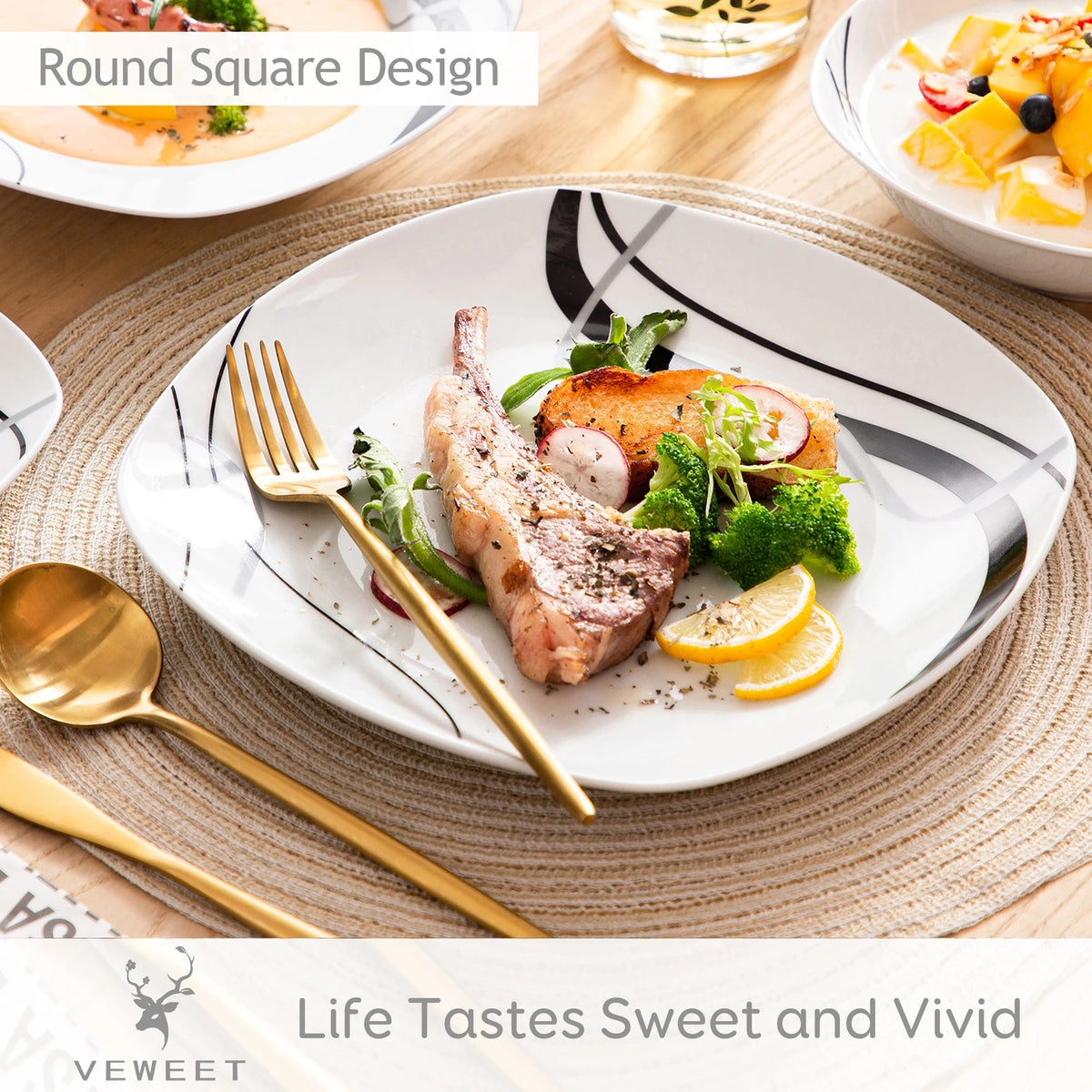Malacasa Fiona Ceramic Dinnerware Plate Set With Strip Pattern Design