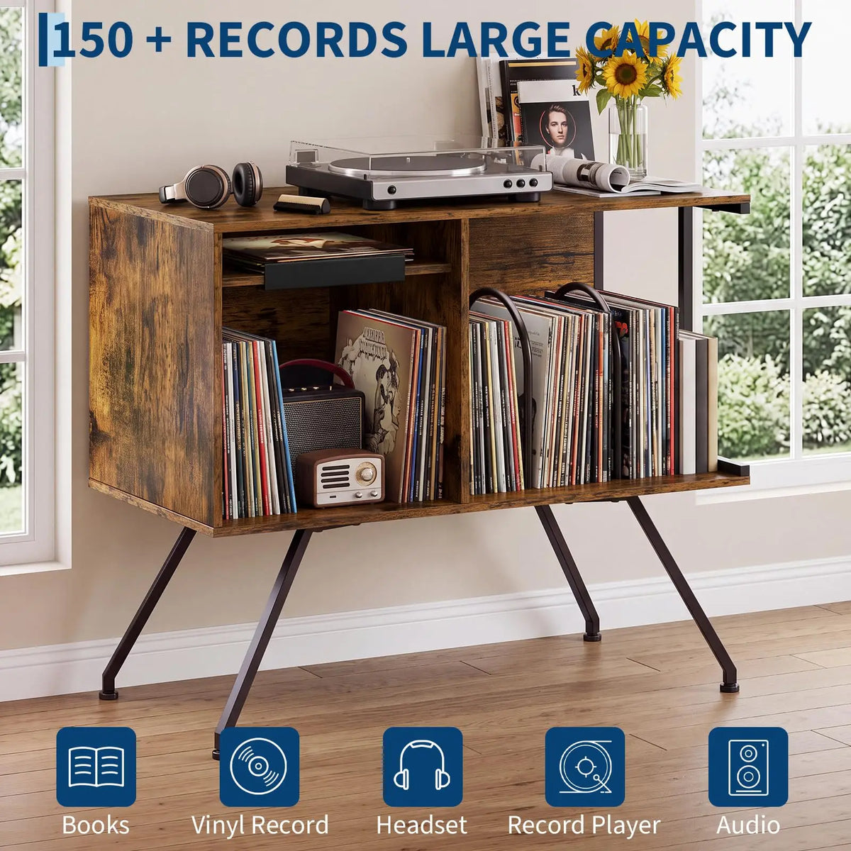 HiMISS Wooden Flip Top Record Player Stand Vinyl Storage Cabinet