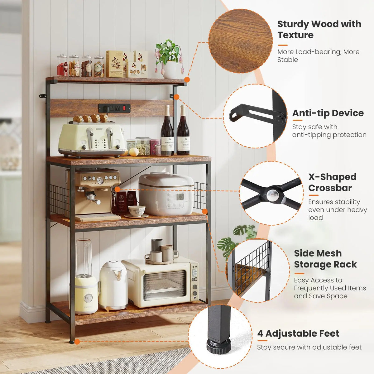 JHK Modern Kitchen Bakers Rack With Power Outlet Shelf